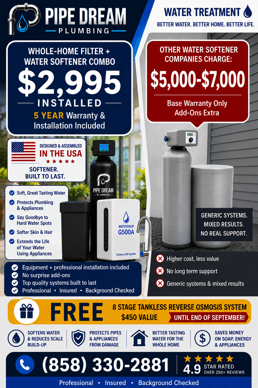 Pipe Dream Plumbing whole-home filter and water softener combo, $2,995 installed, with a free reverse osmosis system, $450 value. Call (858) 330-2881.
